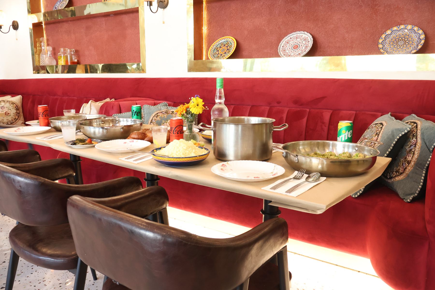 The long table set for a group