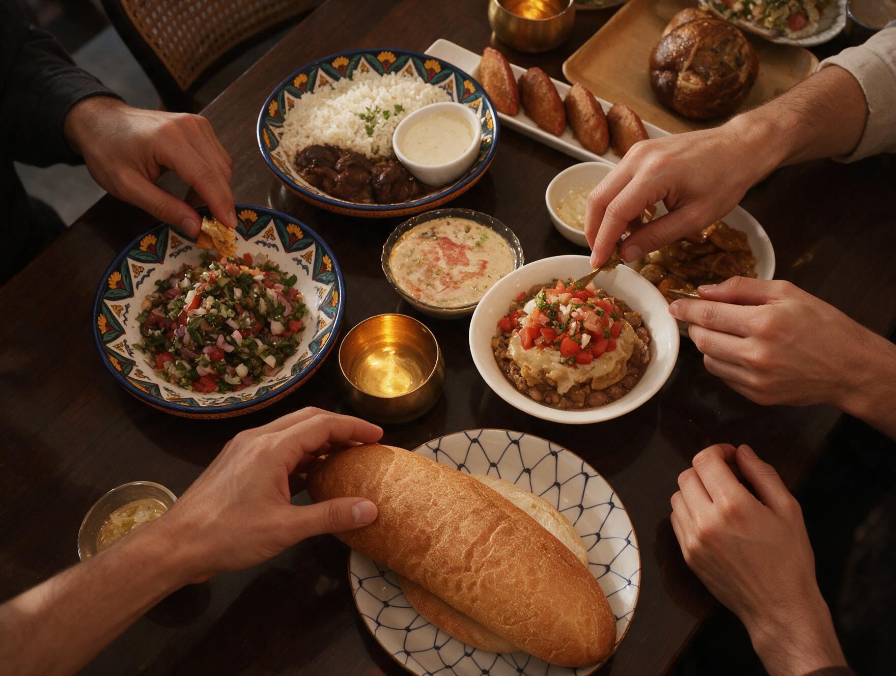 Hands reaching across a shared table at Aziza